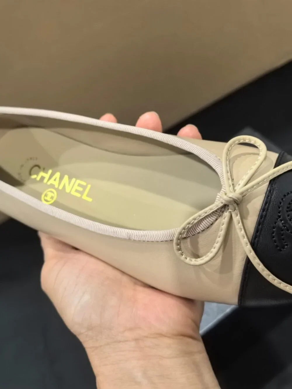 CHANEL Beige Lambskin Cap Toe Ballerina Flats